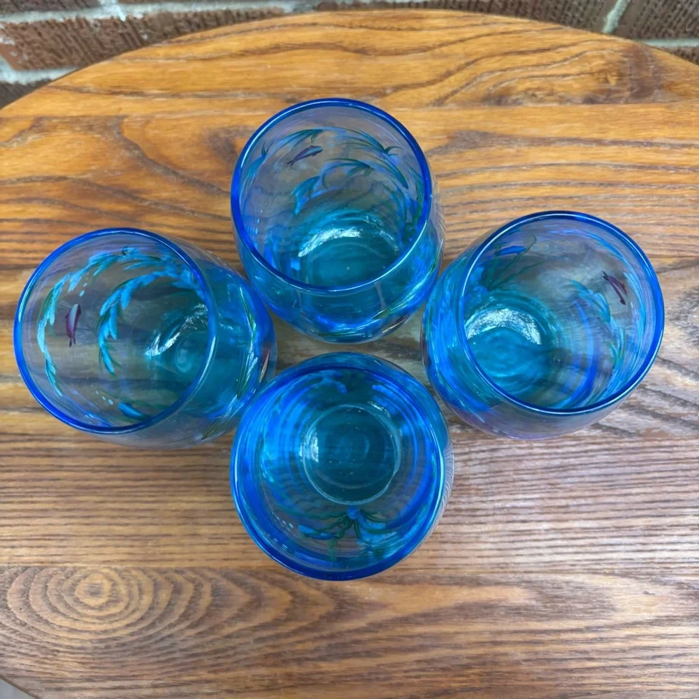 Hand-painted stemless wine water blue glasses with marine design Set of 4